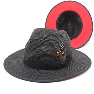 V￥r sommaren panama hattar 7 cm bred grim halm sol hatt f￶r kvinnor m￤n uv skydd strand cap rese fedoras hatt