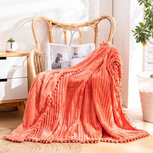 BlanketStriped Fringe Ball Flannel Blanket Nap Sofa Bed Cover Air Conditioning Fluffy Plaid Throw Blankets 221203