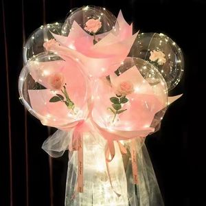 Valentine Party Balloons Transparent Luminous Bobo Balloons with Rose Flower for Wedding Anniversary Birthday Banquet Decoration