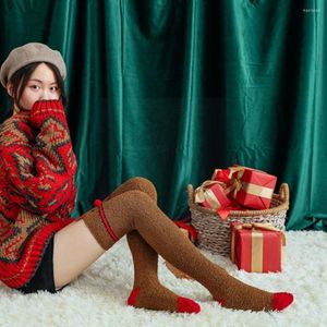 Women Socks Coral Fleece Over The Knee High Stockings Tryck Femme Stocks Christmas Long Plush Thick Winter War Z4Y1