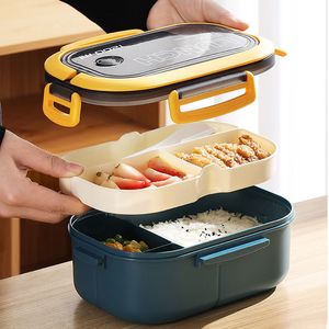Lunch Boxes Portable Hermetic 2 Layer Grid Children Student Bento with Fork Spoon Leakproof Microwavable Prevent Odor School 221205