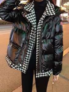 レディースダウンパーカス冬の服女性ジャケットハウンドトゥースブラックホワイトパッチワークコート韓国シックファッションウォームルーズアウトウェアストリートウェア221205