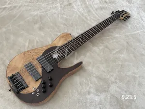 Elektro Gitar 6 String Bas Doğal Renk Satin Burl Flame Üstü Yinyang Etkisi ile Güneş Kakmı Klavye ucunda