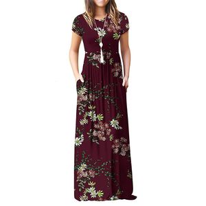 Party Dresses Women Short Sleeve Pleated Empire Waist Round Neck Floral Maxi Long Pockets Dress 221203