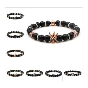 Perlen Männer und Frauen Schmuck Micro Pave Cz Zirkonia König Krone Charm Armband Schwarz Lava Naturstein Perlen Armbänder Weihnachtsgeschenk Dhzwa