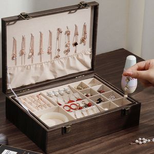 Jewelry Boxes Double-layer Box Large Portable Earrings Rings Storage Wood Grain PU Leather Case Necklace Display Jewelers Joyero 221205