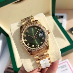 Original Box Certificate 18K Gold President Male Watches Day Date Diamonds Green Dial Watch Män rostfri Diamond Bezel Automatisk armbandsur 2023