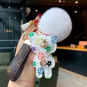 Designer keychain bear leather fur ball charm key chain car pendant metal fashion personality creative couple checkered variety of2531