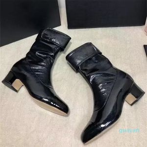 Boots Patent Leather for Women Sqaure Heels Chelsea Buckle Design Elegant Female