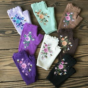 Fingerless Handskar Ins h￶gkvalitativa vantar Handgjorda broderier Autumn Winter Bee Floret Women's Warm Wool Sticked Adult 221203