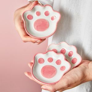Herb Spice Tools 2PCS4PCS Small Cute Hand Painting Cat Paw Dishes Underglaze Ceramic Vinegar Soy Sauce Dish Kitchen Home Storage Ring Tray Decor 221203