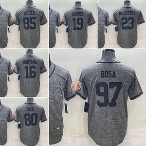 2022 Nuova maglia da baseball 97 Nick Bosa 16 Joe Montana 85 George Kittle 19 Deebo Samuel 23 Will Redmond 80 Jerry Rice Denim Lino Maglie cucite grigie