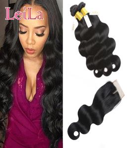 Wholesale Brazilian Virgin Hair 3 Bundles With 4X4 Lace Closure Baby Hair 828inch Bundles With Closure Body Wave Natural Color Dyeable Huma8178514