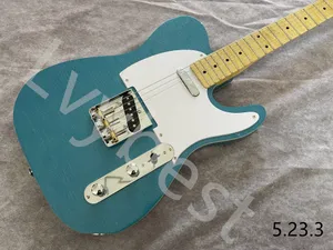 Guitarra elétrica cor de relíquia metálica azul e chama amarelada pescoço preto ponto embutido cromo pickguard batom de pescoço de pescoço