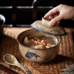 Skålar japanska snabb ramen skål med lock retro keramisk stor kapacitet nudel sallad soppa hushåll kitchentableware leveranser 221203