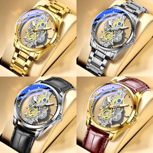 Gold Automatyczne zegarek Mężczyźni ze stali nierdzewnej Pasek szkieletowe zegarki mechaniczne Top marka luksusowa świetliste wskaźnik zegarek