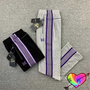 Men's Pants Purple Striped Webbing Needles Pants 2022 Men Women Embroidery Butterfly Grey Needles AWGE Pants Zip Pocket Velvet Trousers T221205