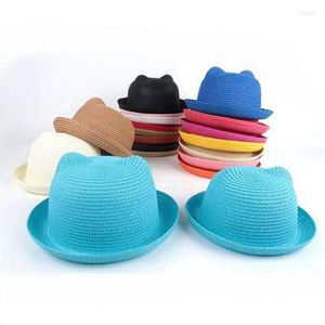 Cappelli Seioum Marca Paglia Estate Decorazione per orecchie da bambino Adorabili personaggi per bambini Ragazze e ragazzi Cappello da sole Solid Kid Floppy Panama