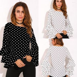 Damskie bluzki polka kropka nadruk biała koszula wiosna moda moda o nokół warstwowy rękaw czarna bluzka kobieta swobodnie luźne 5xl 5xl