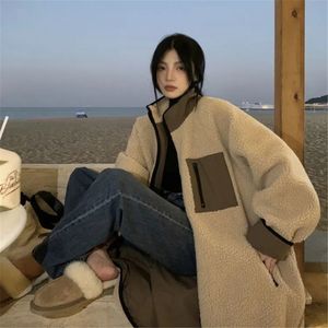 Kvinnor ner parkas vintage falska lamm ull varm vinter kvinnor tunga dike rockar överdimensionerade koreanska modejackor y2k solid lös lång 221205