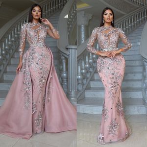 Afrykańskie różowe sukienki koktajlowe Sheer Jewel Neck Sixid Syrenca bez pleców Slim Fit Seksowne odłączane pociąg na bal maturalny