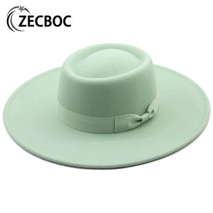 Breda breim hattar hink 9,5 cm platt topp fedoror för kvinnor fast färgimitation ylle jazz män eleganta brittiska damer mössor bowler 221205