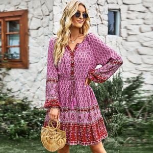 Party Dresses Elegant Floral Long Sleeve Mini Women Button Drawstring Lace Up Boho Aline Ladies Casual Beachwear Autumn Vestido 221203