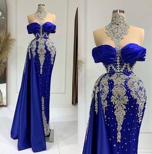 Luxury Blue Prom Dresses Rhinestones Beading Party Dresses Sheer Neck Split Floor Length Custom Made Evening Dress