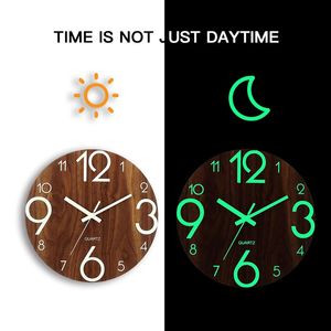 Wall Clocks 12 Inch Luminous Silent for Kitchen Living Room Decoration Glow in Night Wooden Number Art Home Decor 221203