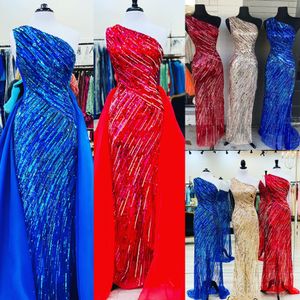 Sequin Prom Dress 2023 Overskirt Fitted One-Shoulder Winter Formal Evening Wedding Party Gown Slit Side Pageant Gala Runway Red-Carpet Blue Gold Red Green Gold Design