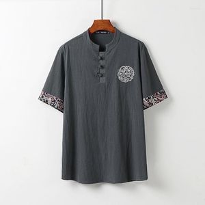 メンズTシャツ夏のリネン刺繍ショートスリーブTシャツVネックチャイニーズスタイルトレンドハーフスリーブコットントップメン