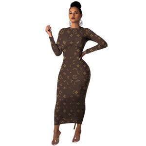 2024 Designer Brand Dresses Women Fall Winter Clothes Sexig Lady Maxi Dress Print Party Club Robe Long Sleeve Vestidos BodyCon One Piece Outfit 9077-2