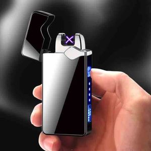 Latest Double Arc Plamsa Usb Lighter Rechargeable Flameless Electric Windproof Cigar Cigarette Lighters With LED Light Power Display 5 colors