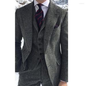Ternos masculinos Tweed de lã de espinha de peixe Tweed cinza para homens noivo de casamento formal smoking smok
