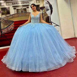 Sky Blue Princess Ball Balls Quinceanera Dress for Sweet 16 Girls Applicants Beads Sequined 15 F￶delsedagskl￤nningar Vestidos de Fiesta