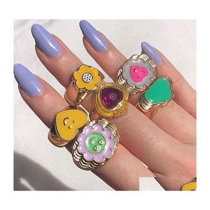 Wedding Rings Colorf Love Heart Wedding Rings For Women Sweet Sunflower Drip Oil Enamel Metal Gold Finger Ring Couple Jewelry 172 D3 Dh41O