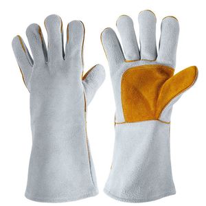 Manufacturer's source of goods Hand protection Fireproof flower 14 inch raw color cattle split leather mixed down electric welding gloves