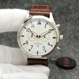 Haute Qualite Men's Quartz Battery Watch Luksusowa marka Pilot Pilot White Dial skórzany pasek Chronograph Ograniczony projekt sportowy srebrny obudowa profesjonalna zegarek