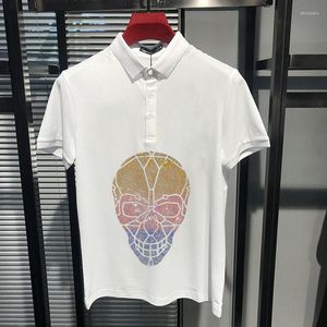 Herrpolos tunga hantverk Skull Rhinestone Color Variety Polo kort￤rmad andningsbar snabb lysande skjorta anti-pilling