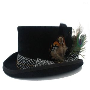 Berretti in pura lana fai da te donna uomo cappello Fedora Steampunk Steam Punk Gear Fedora occhiali da modisteria berretto fatto a mano piume di pavone 20