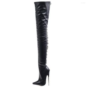 Boots Women Crotch Thigh High 18CM Super Heel Pointe Toe Back Cross-tied Long Shaft Custom Made