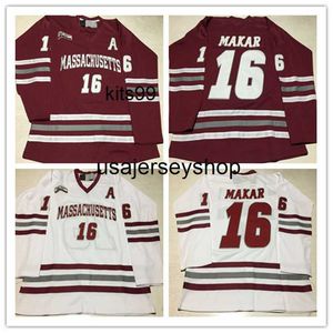 Özel 16 Cale Makar Massachusetts Minutemen Hokey Jersey UMass 35 Yıl Doğu Formaları Şarap Kırmızı Beyaz Herhangi bir İsim Numarası