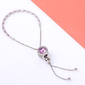 925 Sterling Silver Pink Sparkling Strand Adjusted Bracelet with Pink Shinning Crystals Radiant Heart Charm for Women Fits Pandora