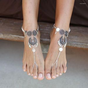 Anklets Bohemian Foot Chain Vintage For Women Silver Color Tassel Barefoot Sandals Ankle Bracelet Summer Jewelry Drop