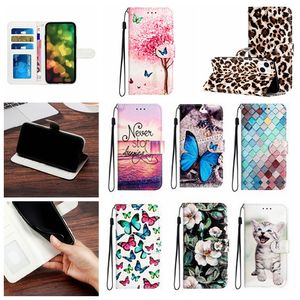 Samsung A04E için Deri Cüzdan Kılıfları A34 5G A54 S23 Ultra Plus A14 A23 S22 A04 Moda Baskı Flip Butterfly Leopard Tree Kedi Kurt Karikatür Kart Tutucu Kapak Tesbesi