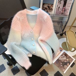 Damen-Pullover, V-Ausschnitt, süße Mohair-Wolle, gestrickt, Farbverlauf, 3D-Schmetterling, Strass, gepatcht, Pullover, Strickjacke, Mantel, SML