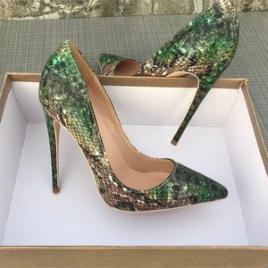 Green Snake Pattern Woman Shoes Girls Sexy Designer Red Bottom High Heels Printed Multi Colors Stilettos 12cm Wedding Shoes Ladies Shallow Mouth Party Shoe