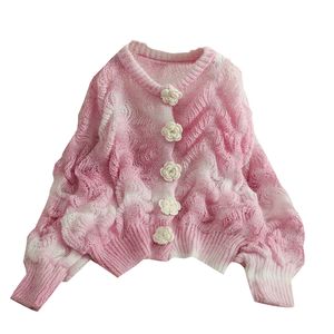 Damen-Pullover mit O-Ausschnitt aus süßer Mohair-Wolle, gestrickt, Farbverlauf, warme Blumenknöpfe, Strickjacke