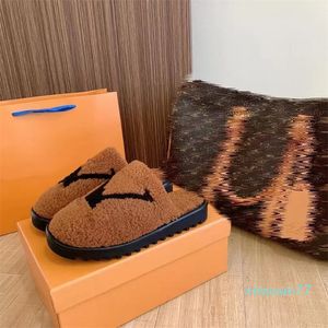 Slippers Designer Wood Winter Pele Letters Warm Bottom Flor