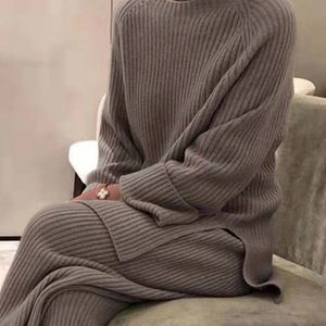 Womens Two Piece Pants Autumn Winter Basic Knitted Women Home Suit Loose Solid Color Sweater Pullover Wide Leg 2 Pieces Set Female Clothing 221206